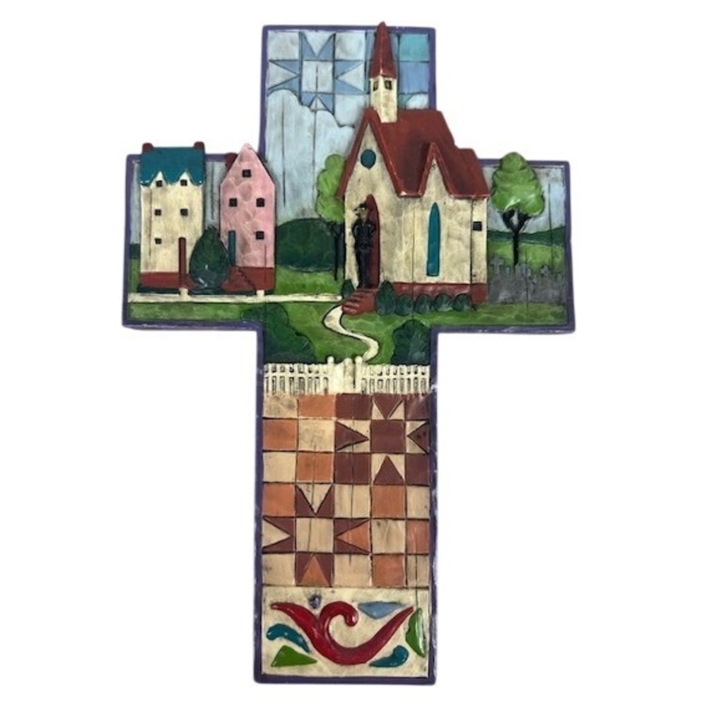 Jim Shore Heartwood Creek Village Church Quilt Wall Cross Folk Art Resin 2006